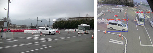 車両の衝突予測・停止の実証の様子