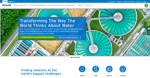 水処理、浄水、洗浄、衛生管理などのサービスを多数の業界に提供するEcolabのサイト