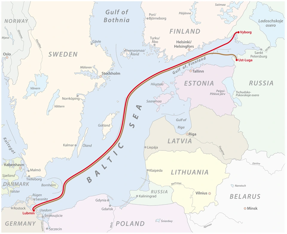 ノルドストリーム(赤)、ノルドストリーム２(茶)の配置図（getty imagesより）